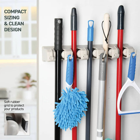 Mop And Broom Holder Wall Mount With Five Slots And Six Hooks, Heavy Duty Garage Organizer in off white, holding cleaning tools.