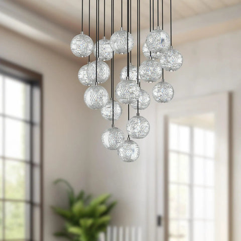 Natural Brass 18 Light Led Multi Pendant Light Fixture With Clear Ribbed Acrylic Shades Hanging Ceiling Lamp For Kitchen Or Dining Room in an airy setting.