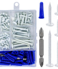 Size 8 White Truss Head Wood Screws Self Tapping Carbon Steel With Black Phosphate Coating Rust Proof High Strength Durable For Wood And Drywall Projects Plus Plastic Anchors All In One Kit DIY Friendly Value Pack in plastic organizer with blue anchors and screwdriver bit