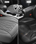 Comparison of car seats before and after using 2 Pack Leather Front Car Seat Covers Full Wrapped With Storage Pockets Non Slip Waterproof Seat Protectors For Sedan SUV Truck Universal Fit Gray All Day Comfort And Premium Leather