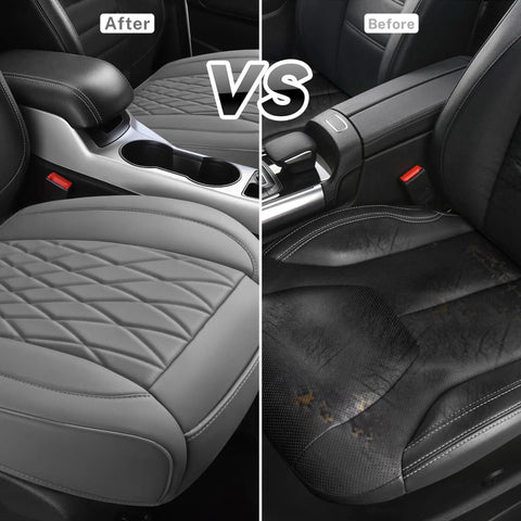 Comparison of car seats before and after using 2 Pack Leather Front Car Seat Covers Full Wrapped With Storage Pockets Non Slip Waterproof Seat Protectors For Sedan SUV Truck Universal Fit Gray All Day Comfort And Premium Leather