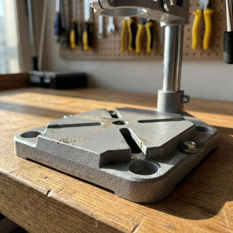 Close-up of the sturdy base of Heavy Duty Aluminum Drill Press Stand For Hand Drills, built for stability in woodworking.