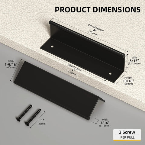 10 Pack Black Edge Finger Pull Cabinet Handles 3 Inch Aluminum Alloy Dresser And Drawer Pulls shown with dimensions and screws