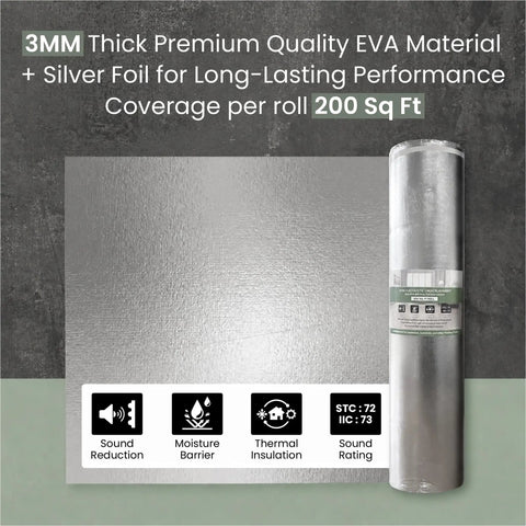 Premium Acoustic Floor Underlayment Roll Featuring Hella Quiet Thermal Eva Foam And Silver Foil Vapor Barrier for 200 sq ft