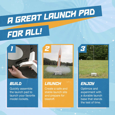 Steps showing Porta Pad E Launch Pad for Model Rockets, quick setup with launch rod, ideal for ages ten and up.