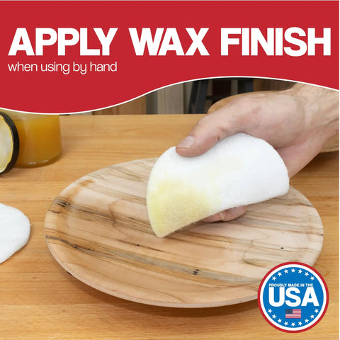 Applying wax by hand with a Five Inch Non Scratch Polishing Pad Set Of Ten Pro Grade Hooks And Loop Nonwoven Buffing Discs For Orbital Sander Use Non Abrasive Finishing Pads To Buff And Polish Finished Surfaces And Apply Wood Oils And Waxes For A Lustrous Shine on a wooden surface.