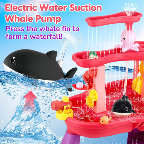 3 Tier Water And Sand Table With Pump For Toddlers To Kids Ages 1 To 8 Outdoor Backyard Splash Play Set depicting whale pump