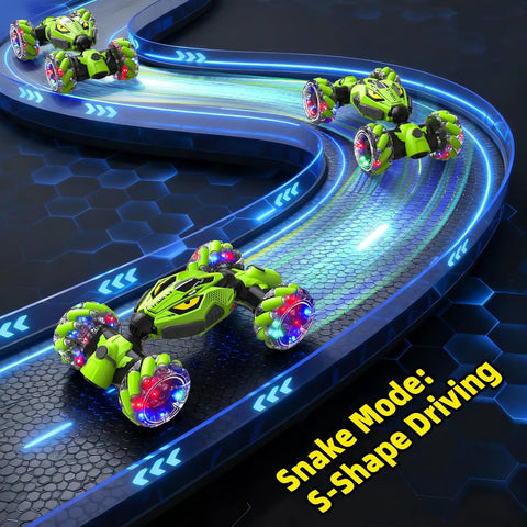 High Speed 4WD RC Car With Gesture Sensing Remote Dual Sided Driving drifting on a neon race track in snake mode