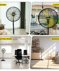 Outdoor 20 Inch Quiet Oscillating Pedestal Fan With Remote Control shown in indoor, garden, meeting room, and bedroom settings.
