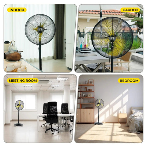 Outdoor 20 Inch Quiet Oscillating Pedestal Fan With Remote Control shown in indoor, garden, meeting room, and bedroom settings.