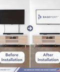 Before and after installation of Recessed Low Voltage Wall Plate For Behind Wall Cable Management And TV Cord Pass Through With Bottom Opening Reversible Hood Keeps Wires Hidden For A Clean No Fuss Wall Mounted TV Setup Durable Two Pack