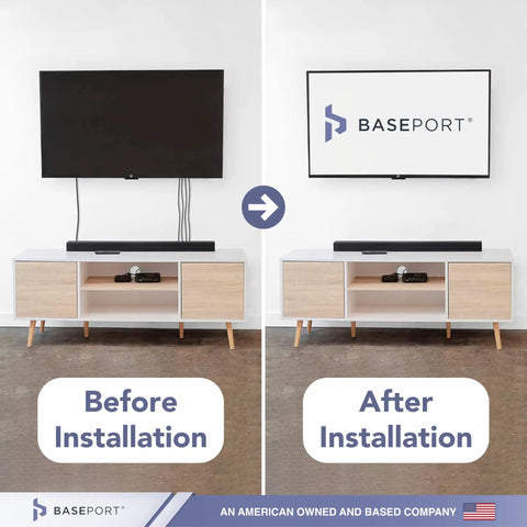 Before and after installation of Recessed Low Voltage Wall Plate For Behind Wall Cable Management And TV Cord Pass Through With Bottom Opening Reversible Hood Keeps Wires Hidden For A Clean No Fuss Wall Mounted TV Setup Durable Two Pack