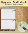 Kick Your Desk Setup Up A Notch With This Slick White Two Drawer File Cabinet Featuring Top Tier Locks And Smooth Casters That Double As A Mobile Printer Stand For A Straight Fire Home Office Vibe No Matter What, with visible upgraded locks.