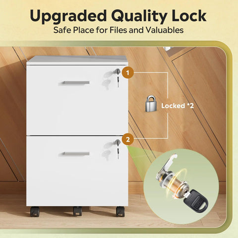 Kick Your Desk Setup Up A Notch With This Slick White Two Drawer File Cabinet Featuring Top Tier Locks And Smooth Casters That Double As A Mobile Printer Stand For A Straight Fire Home Office Vibe No Matter What, with visible upgraded locks.