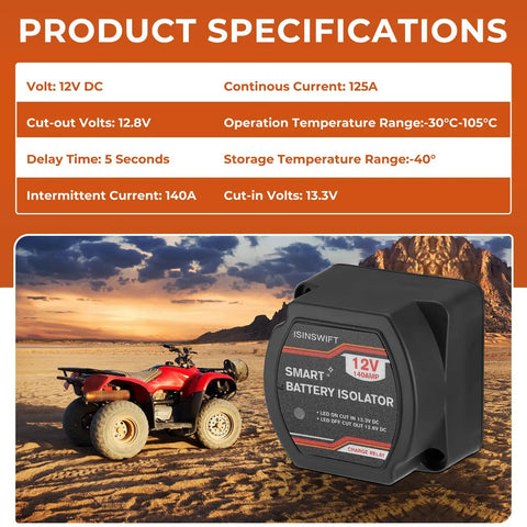 Dual Battery Isolator 12V 140 Amp Voltage Sensitive Relay VSR Kit for marine use with specifications displayed next to an ATV.