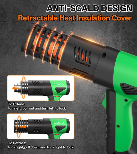 1800W Industrial Heat Gun With Lightning Fast Heat Up 122F To 1202F Variable Temperature Control Overheat Protection