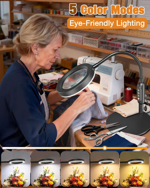 Woman using Pro Grade LED Magnifier With Light And Flexible Gooseneck 30x 10x Dual Zoom Five Color Modes for sewing work.