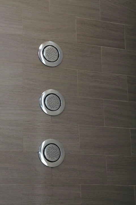 Mosaic Brushed Nickel Round Body Spray With Three And One Quarter Inch Spray Head, Single Function Shower Spray, Valve Required, TS1322BN For A Slick Modern Bathroom Upgrade Now on tiled wall