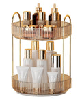 Kick Back And Organize Your Vanity Game With This Smooth Spin 360 Rotating Makeup Organizer featuring two tier high capacity storage for cosmetics skincare and perfume in classic amber gold, showcasing top view.