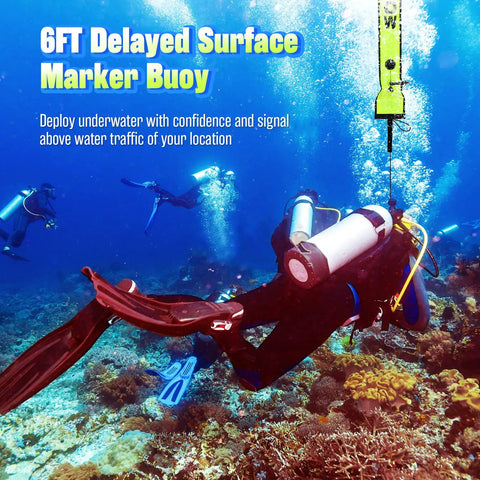 Diver using High Visibility Surface Marker Buoy For Diving And Freediving, Inflatable SMB With Reflective Strip underwater