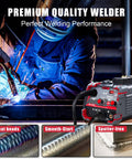 Person using 140 Amp MIG Welder Workhorse With Flux Core Gasless MIG MMA Stick Lift TIG 3 In 1 Portable 110V Inverter Synergy IGBT