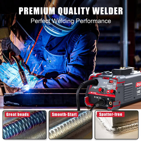 Person using 140 Amp MIG Welder Workhorse With Flux Core Gasless MIG MMA Stick Lift TIG 3 In 1 Portable 110V Inverter Synergy IGBT