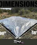 Emergency Mylar Blanket Set, 25 Lightweight Thermal Reflective Survival Blankets on rocky ground, 80x56 inches dimensions shown