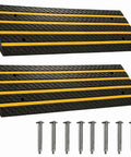 Heavy Duty Rubber Curb Ramps 2 Pack For Driveway Transition And Low Clearance Rides Built To Glide Over Sidewalk Edges Without Scraping Your Front Lip On Casual Cruises, showing two rubber ramps with yellow stripes.