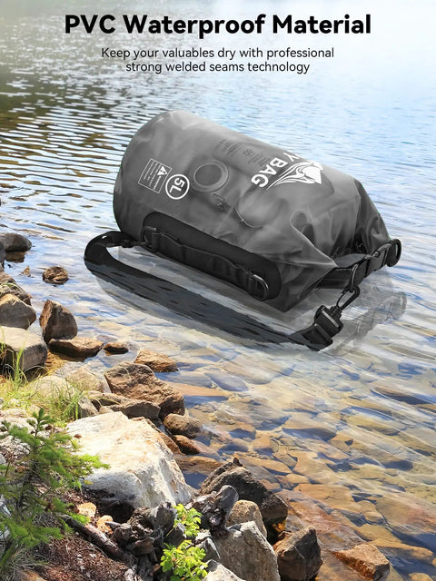 Waterproof Dry Bag 10L Roll Top Unisex Grab and Go Outdoor Gear on rocky shoreline, made of durable PVC material.