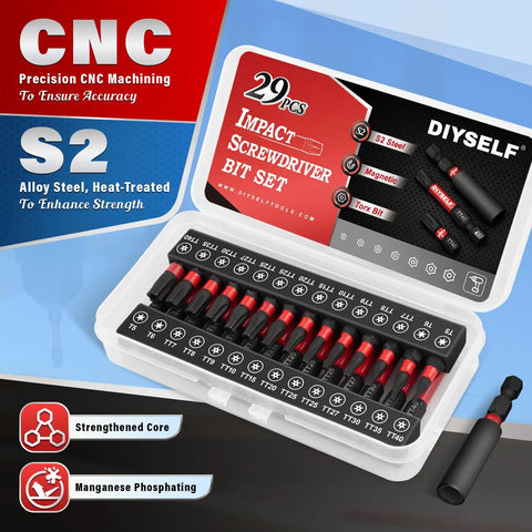 Security Torx Bit Set For Impact Driver, 29 PCs, T5 To TT40, S2 Steel, 1In And 2In Bits, Magnetic Holder, 1/4 In Hex Shank