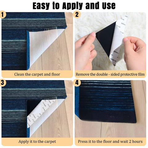 Step-by-step guide to using Ultra Thin Rug Tape Set With 12 Reusable Sheets, Non Slip Carpet Tape on hardwood floor.