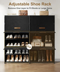 42 Pair Shoe Storage Cabinet With Doors To Stash Your Kicks 2 By 7 Tier Space Saving Plastic Shoe Organizer, black, with adjustable shelves and various shoes displayed.