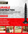 Image of a black No 10 Pocket Hole Screw, 3 Inch, with applications like deck building and timber framing background.