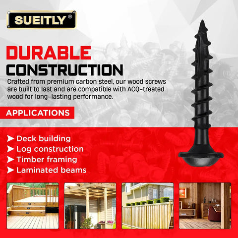 Image of a black No 10 Pocket Hole Screw, 3 Inch, with applications like deck building and timber framing background.