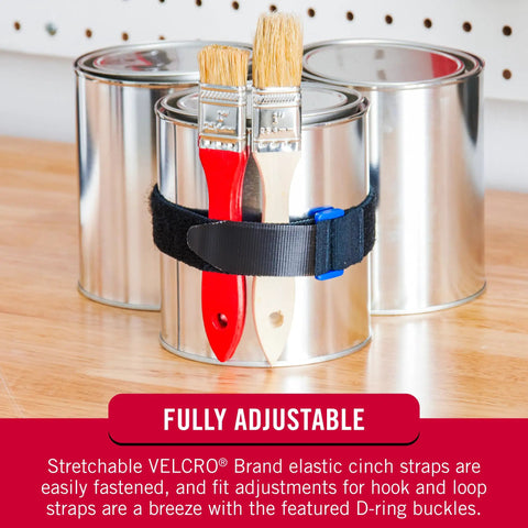 Elastic Cinch Straps With Buckle Two Pack securing paint cans and brushes, adjustable for snug fit, indoor outdoor use
