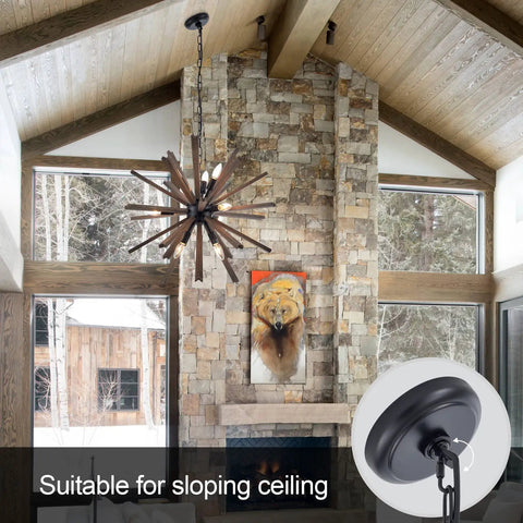 9 Light Sputnik Pendant Light Black With Natural Wood Shade Industrial Farmhouse Vibe Ceiling Fixture Kitchen View