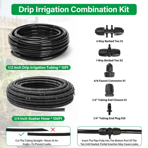 Drip Irrigation System With 100 Ft Quarter Inch Soaker Hose And 10 Ft Half Inch Tubing For Raised Beds, Veggies, Lawn, And Greenhouse