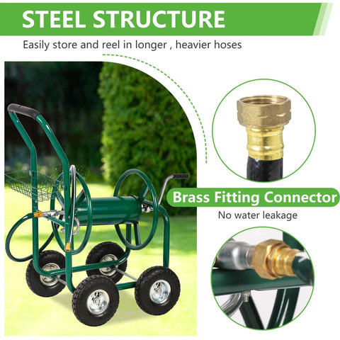 Heavy Duty Garden Hose Reel Cart With Four Wheels Holds Up To 300 Feet Of Five Eighths Inch Hose Powder Coated Steel With Storage Basket