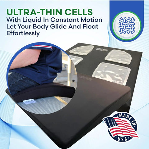 Get Rid Of Tailbone And Hip Pain With This 3.5 Inch Thick Ergonomic LiquiCell Seat Cushion on a bench, showing ultra-thin liquid cells.