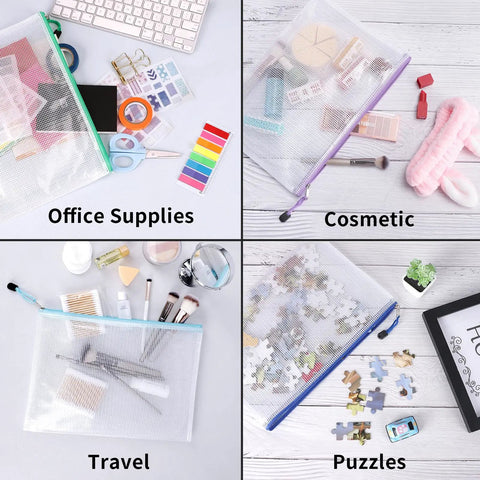 Mesh Zipper Pouch Bags Set Of 24 In 8 Colors Waterproof File Storage Pouches with different uses: office supplies, cosmetics, travel, puzzles.