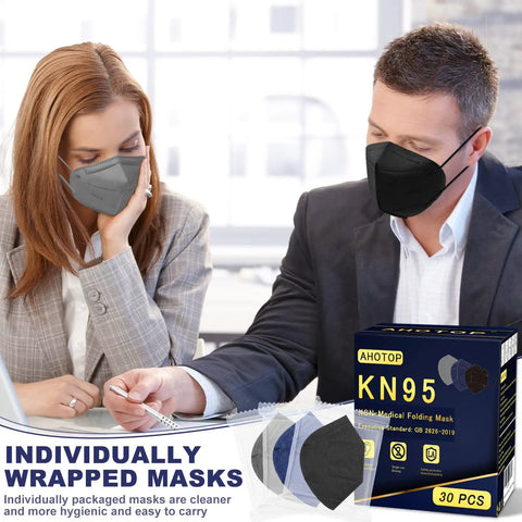 Five Layer KN95 Face Masks Pack Of 30 Individually Wrapped For Adults Women Men Teens With Elastic Ear Loops and Soft Nose Wire Includes Black Blue Grey Colors High Filtration Mask for Workouts Outdoor Activities Travel