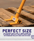Heavy Duty Pallet Puller Bar With 3 Section Handle 41 Inch Length for disassembling pallets, showing prying angle on wood.
