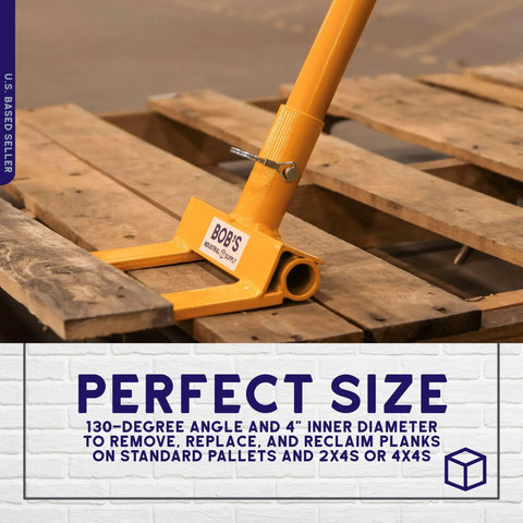 Heavy Duty Pallet Puller Bar With 3 Section Handle 41 Inch Length for disassembling pallets, showing prying angle on wood.