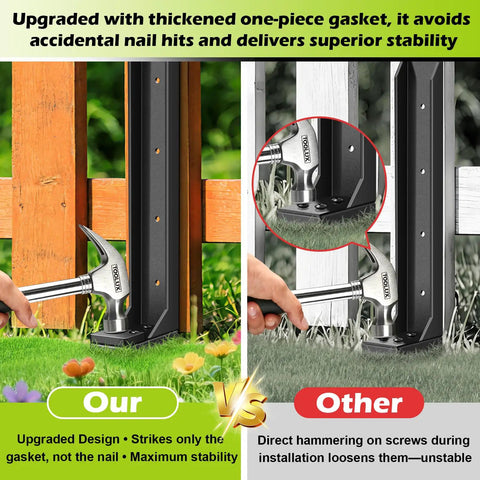 Comparison of 4 Pack Heavy Duty Fence Post Repair Kit With Ground Stakes For Fixing Tilted Or Broken Wood Posts Includes 32 Inch Stakes Galvanized Screws And Wrench Durable Post Anchor System For Fast Easy Home Fence Repair installation, showing improved stability with one-piece gasket.