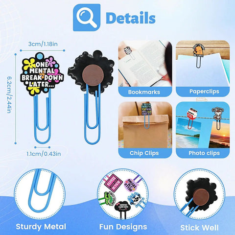 Cheeky 30 Pack Large Funny Paper Clips Set for Office Work, showcasing designs and uses like bookmarks and photo clips.