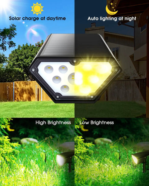 Solar Spot Lights Outdoor 4 Pack, 700 Lumen IP67 Waterproof, auto on/off, high and low brightness, warm white garden lighting.
