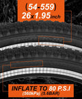 Close-up of 26x1.95 mountain bike tire tread, 2-Pack 26 Inch Mountain Bike Tires And Tubes Set, inflate to 80 PSI