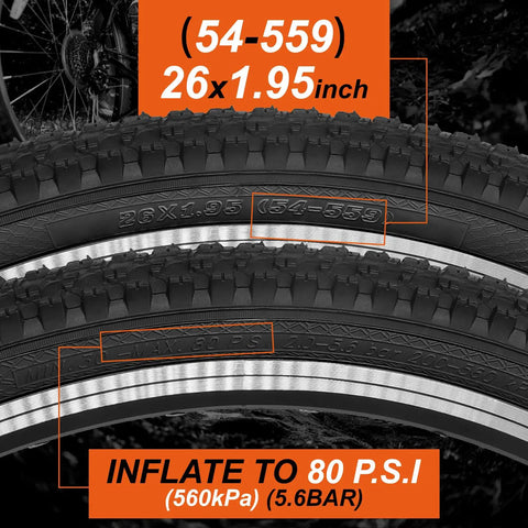 Close-up of 26x1.95 mountain bike tire tread, 2-Pack 26 Inch Mountain Bike Tires And Tubes Set, inflate to 80 PSI