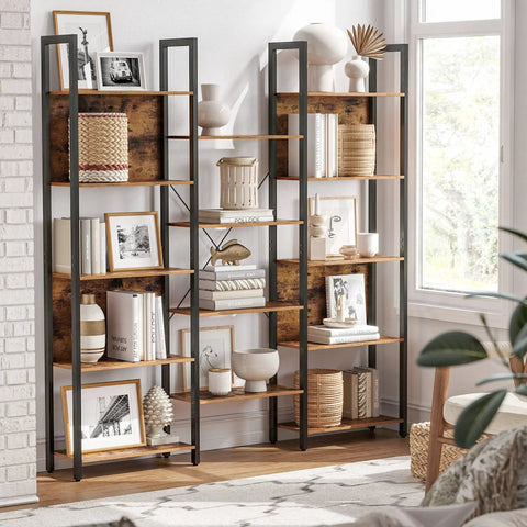 Five Tier Free Standing Bookshelf Built Tough With A Heavy Duty Steel Frame And Wide Wooden Shelves For Smart Storage And Laid Back Home Vibes That Is A Total Game Changer For Any Living Space