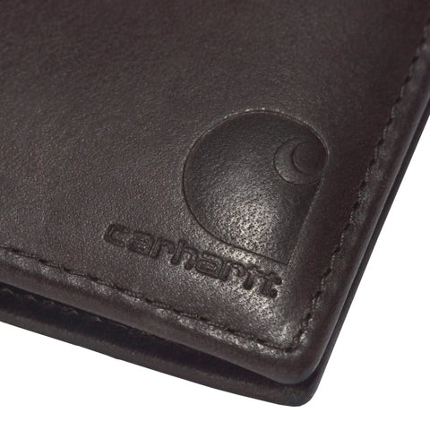 Premium Full Grain Leather Men Passcase Wallet With A Rich Oil Tan Shell And Soft Cotton Duck Lining Crafted For Hardcore Daily Grinds And Completely Reliable Carry close-up showing embossed logo and stitching.